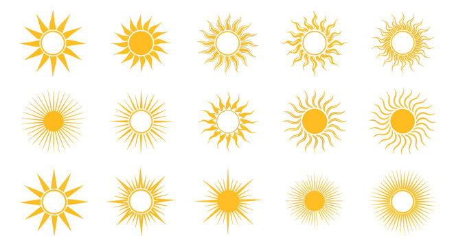 Set of bright yellow sun icons in a grid with varying radiance.