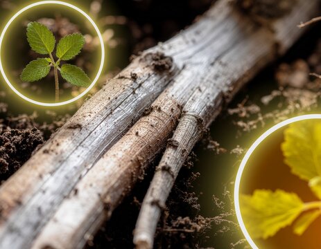 Sustainable agriculture concept with healthy soil life and rhizosphere glow on tree roots and green leaves in soil