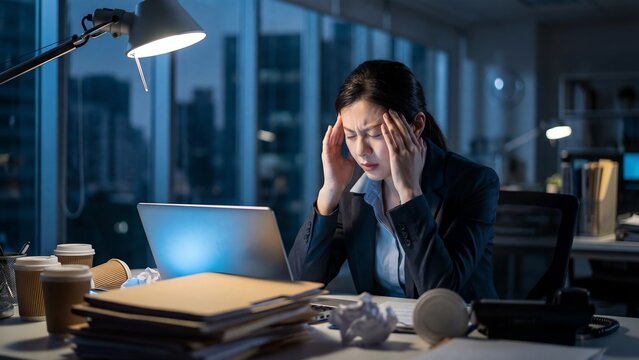 Overworked businesswoman experiencing a severe headache while working late at her desk with a laptop and a pile of papers