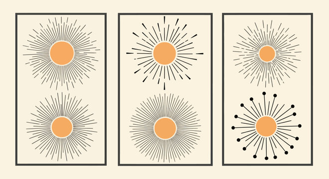 Set of four abstract sunburst panels with orange centers.