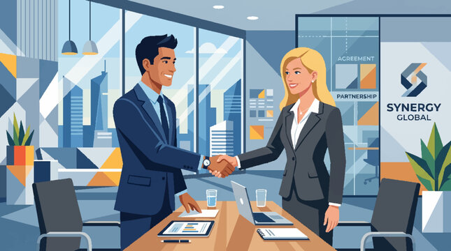 Professional man and woman shaking hands in a corporate meeting.