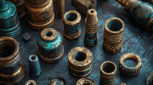 Close up of various plumbing fittings showcasing their textural details and aged metallic surfaces with verdigris patina scattered across a dark industrial background.