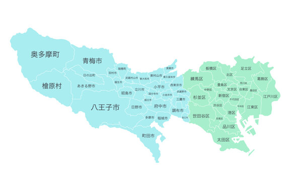 分割できる東京都の地図のイラスト（二色）　市、町、村、区　パーツ分け