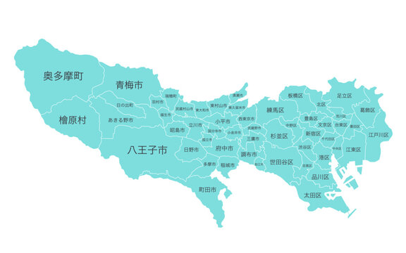 分割できる東京都の地図のイラスト（水色）　市、町、村、区　パーツ分け
