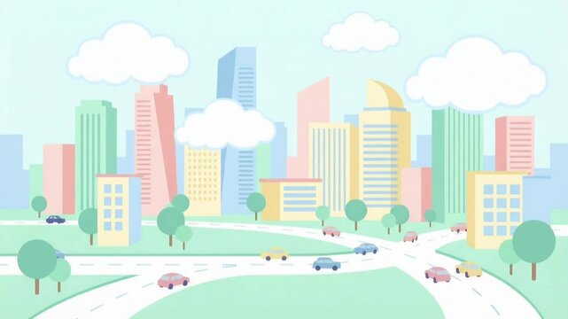 Flat design vector animation of a vibrant city skyline with colorful skyscrapers, moving clouds, and cars driving along winding roads and overpasses.