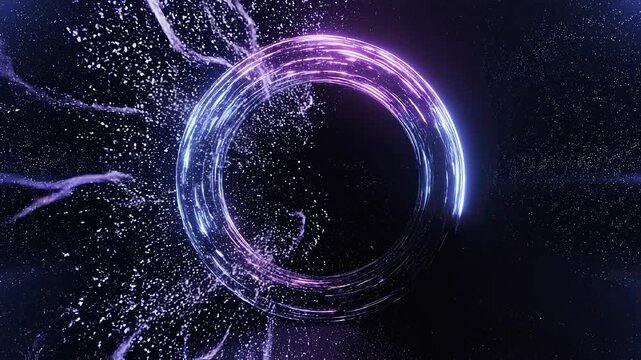 Abstract glowing rings and energy streams in deep space with particles
