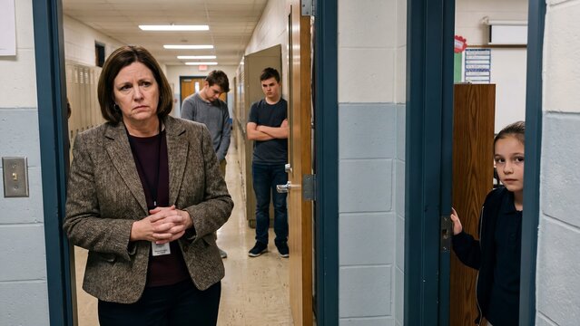 Concerned School Administrator Addresses Students in Hallway, Facing the Camera with a Serious Expression