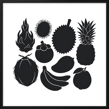 Silhouette of various tropical fruits.