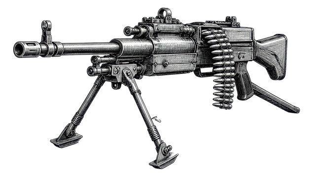 Intense cross hatching illustration of a heavy machine gun, a cinematic widescreen vector graphic isolated on a transparent background, showcasing detailed military weaponry for editorial use.
