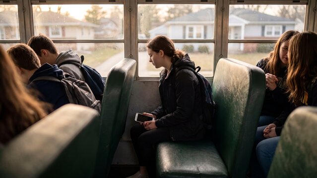 Teenage girl looking at her phone while sitting in a school bus among her peers