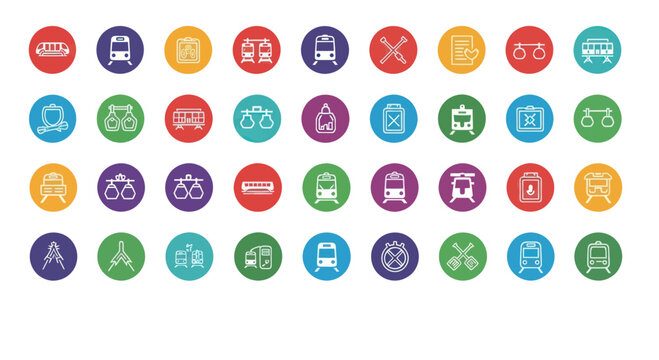 Set of colorful train and railway icons