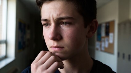 Obraz premium Teenage boy contemplating and looking away with a pensive expression in a classroom environment