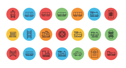 Set of Flat Train Icons in Colorful Circles, Vector Illustration © Deb