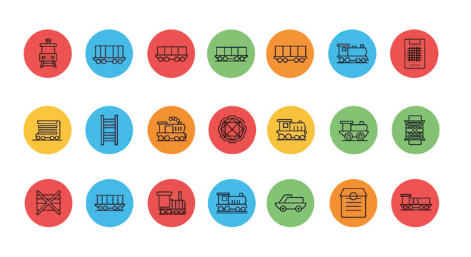 Set of Flat Train Icons in Colorful Circles, Vector Illustration