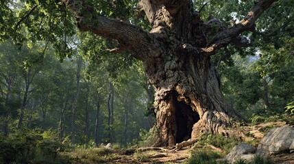 Fototapeta premium Pin Oak - Majestic Ancient Forest Panorama with Natural Trunk Hollow Nature