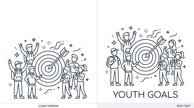Line art illustration of a diverse group of young people celebrating reaching their goals.