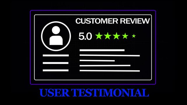 Animated user testimonial with five star customer review rating and feedback interface for digital marketing, e-commerce websites, social media branding, and corporate presentation