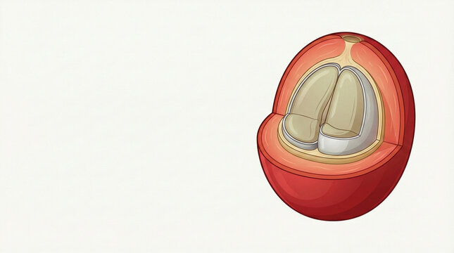 Anatomy of a ripe red coffee cherry cross section showing exocarp, mesocarp, mucilage, and silver skin parchment seeds of Coffea arabica, botanical vector illustration for agricultural education