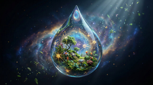 Giant clear water drop with a lush green ecosystem forest and neural network inside floating in outer space, conceptual image representing world water day, earth ecology preservation, bio tech