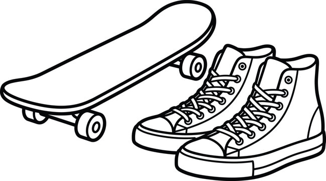 Black and white line art illustration of a classic skateboard and high top sneakers, perfect for urban lifestyle coloring pages.