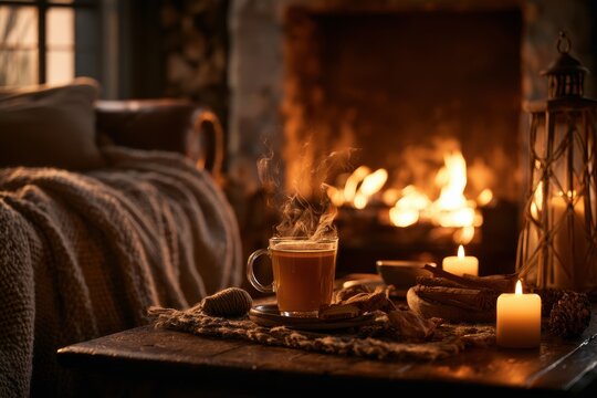 Hot steaming tea mug glowing by candlelight in front of a warm fireplace in a cozy cabin with soft bokeh for hospitality and wellness marketing