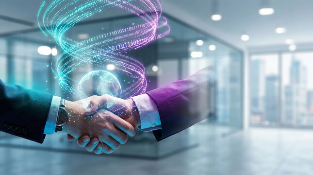 Businessmen shaking hands with glowing digital globe and binary code data hologram for a global partnership deal in a modern corporate office, futuristic technology concept