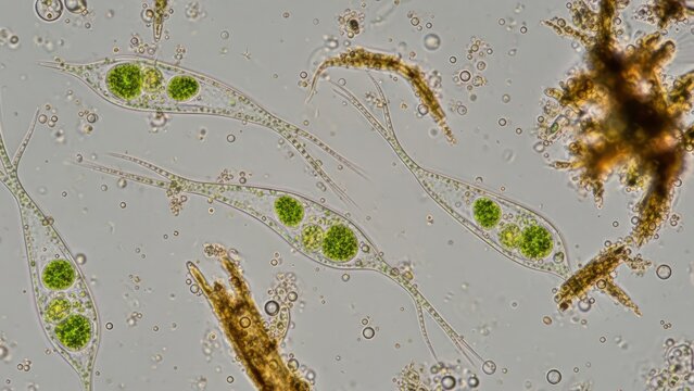 Microscopic view showcasing euglena algae in vibrant green in a light background environment