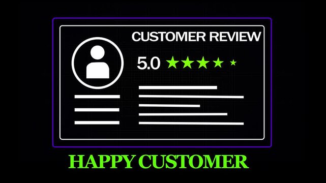 Dynamic five-star customer review animation featuring glowing green stars and user feedback interface for e-commerce marketing, digital business growth, and positive consumer satisfaction metrics
