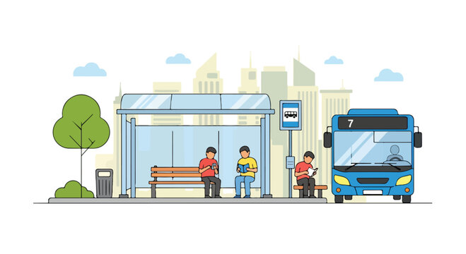 A city bus stop with people waiting