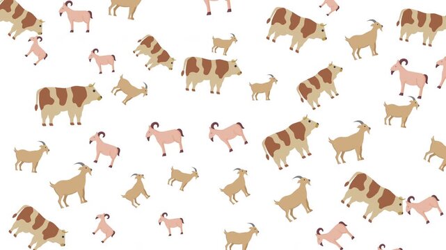 Cute flat cartoon livestock seamless pattern background featuring cows, goats, and sheep on a clean white backdrop. 