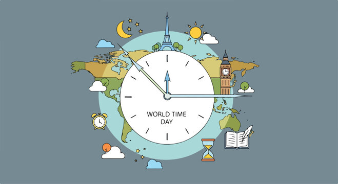 A clock on a world map with landmarks