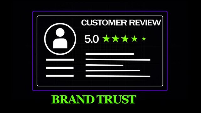 Animated five star customer review rating interface displaying brand trust and positive feedback metrics for digital marketing campaigns, e-commerce business growth, and corporate reputation analysis