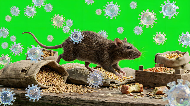 A realistic image showcases a rat in a scene potentially representing the spread of disease, featuring conceptual representations of viruses alongside grain and sacks, and a vibrant green backdrop.