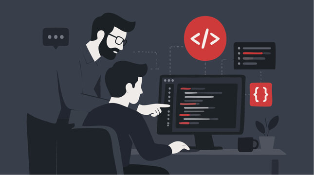 Flat vector illustration representing mentorship between a senior software engineer and a junior developer working on code in a minimalist office setting, professional collaborative design element.