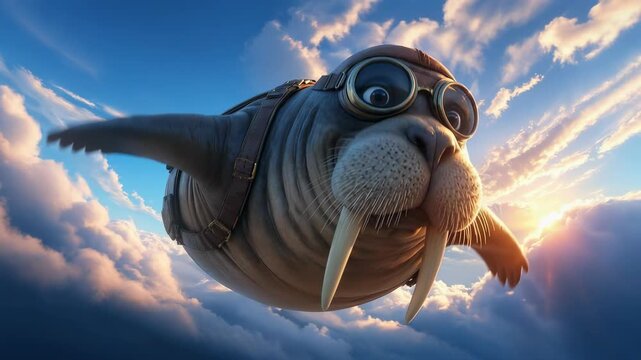 A joyful walrus wearing leather aviator goggles soaring through the vibrant clouds during a golden hour sunset, cinematic animal adventure in the sky.