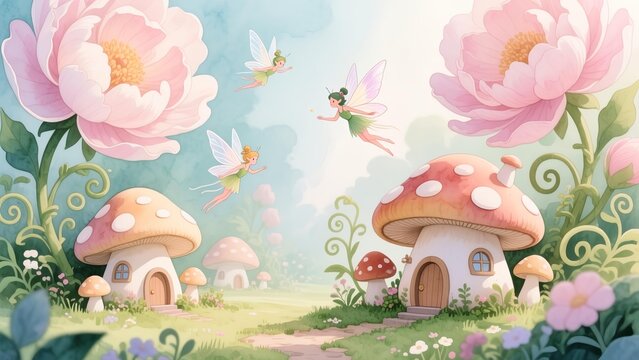 Enchanted fairy tale landscape with whimsical mushroom houses, graceful flying sprites, and blooming pink fantasy flowers in a magical garden