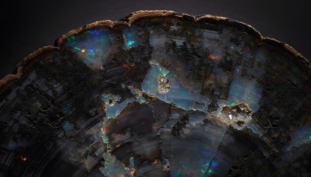 Extreme close up professional studio photograph of an ancient fossilized petrified wood cross section containing brilliant iridescent opal veins and crystals.