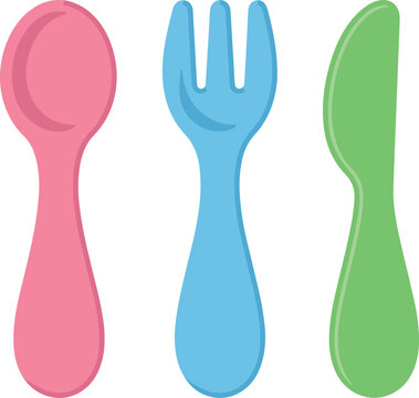 Colorful Kids Spoon Fork and Knife Set, Cute Plastic Cutlery Illustration for Children