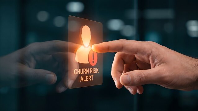 Digital interface displaying a 'Churn Risk Alert' icon, emphasizing the critical need for businesses to implement proactive customer retention strategies and prevent user attrition effectively