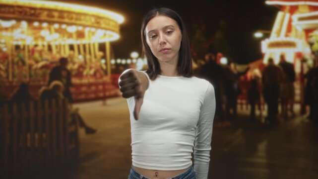 Young woman giving thumbsdown with extended thumb to camera at a nighttime carnival with carousel lights and blurred crowd; disapproval rejection.