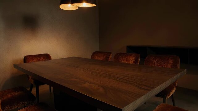 Elegant dining room interior featuring burnt orange velvet chairs around a dark walnut table. The scene is illuminated by warm ambient lighting creating a sophisticated and cozy atmosphere.