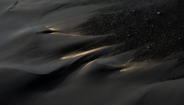 High angle abstract photograph of dark volcanic sand dunes meticulously shaped by wind to mimic elegant flowing black silk fabric textures