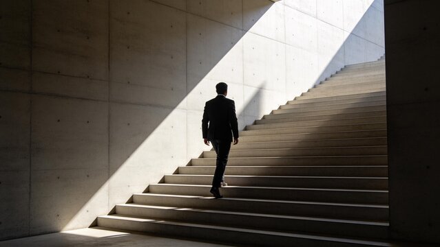 Man in suit ascending concrete stairs
