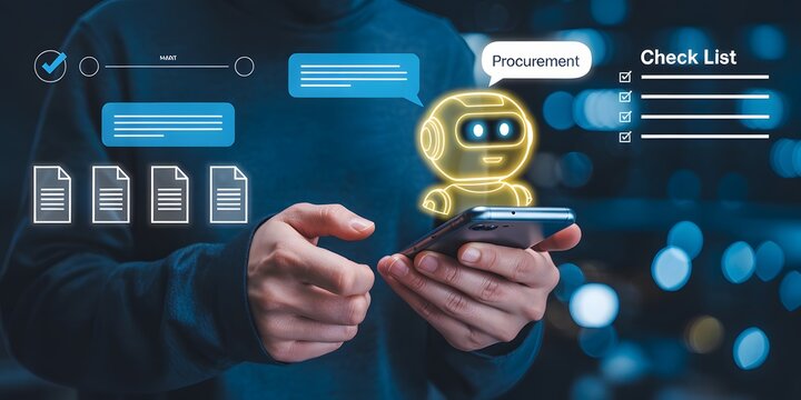 Customer using chatbot on smartphone for procurement checklist and task management in modern business.