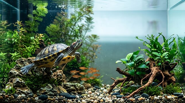 Freshwater aquarium with turtle green plants and small fis