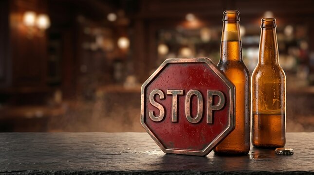 Stop drinking concept with beer bottles on bar counter