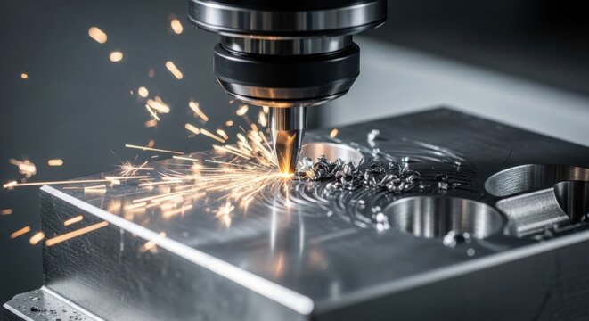 A detailed CNC milling machine cutting metal with visible sparks, isolated in an industrial setting with dramatic lighting, representing precision engineering and manufacturing.