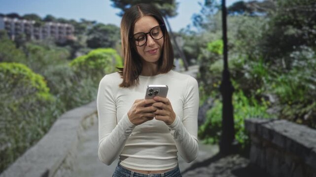 Woman texting on smartphone with hands holding phone, wearing glasses and white long sleeve top on street path lined with greenery; serene focus.