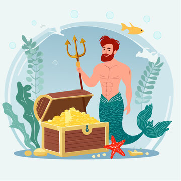 Merman with Treasure Chest and Trident