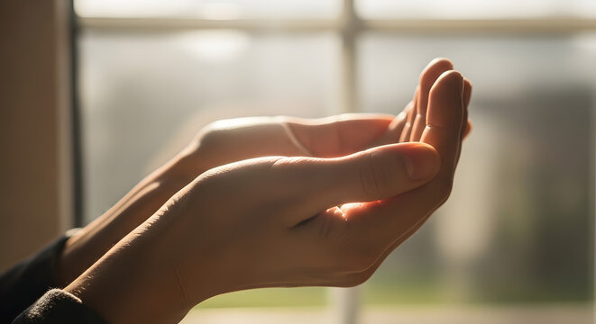 Two hands, gently cupped, are illuminated by a soft, natural light, creating an inviting and peaceful scene, symbolizing offering or receiving, or even seeking solace and connection. 